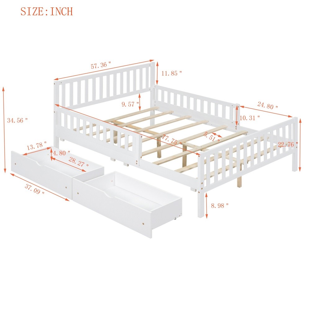 Full Size Bed Frame Wood Platform Bed Frame w/ 2 Drawer & Guardrails White