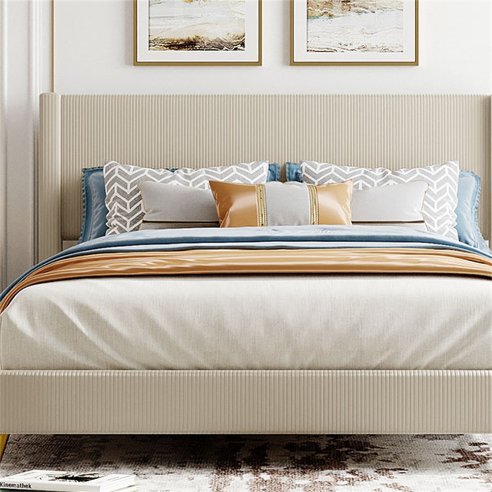 Queen Size Bed Frame Upholstered Platform Bed w/ Upholstered Headboard Beige New
