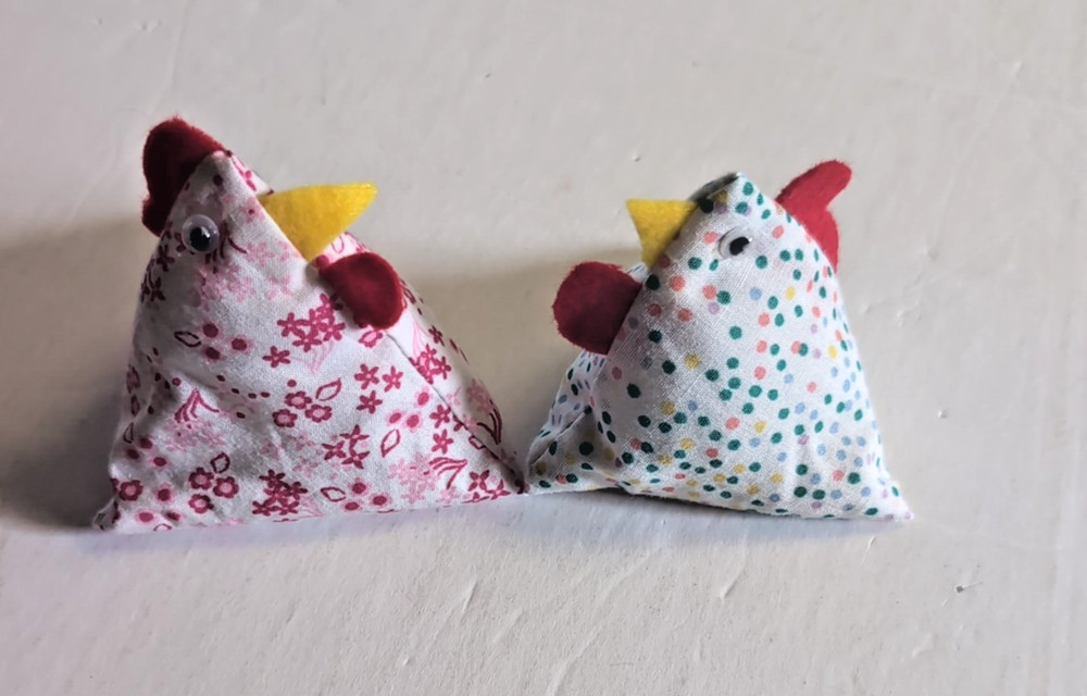 2 Chicken Pin Cushions Triangular Shape 4”