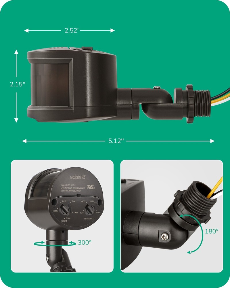 EDISHINE 2-Pack Motion Sensor 180° 60FT Range Adjustable Time 3 Modes Brown