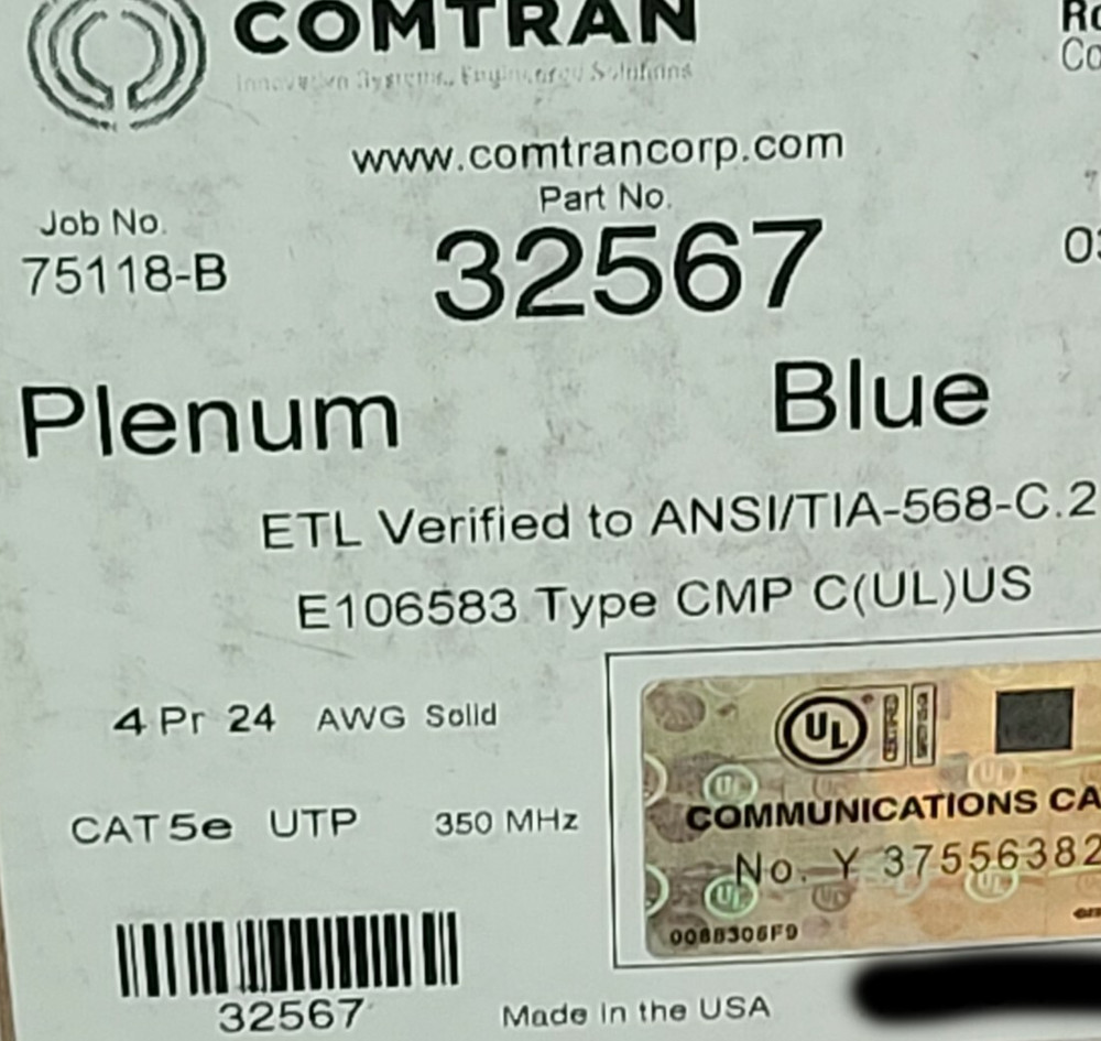 ComTran 32567 24/4P COM-Link Cat5E CMP Plenum Network Ethernet Cable Blue /100ft