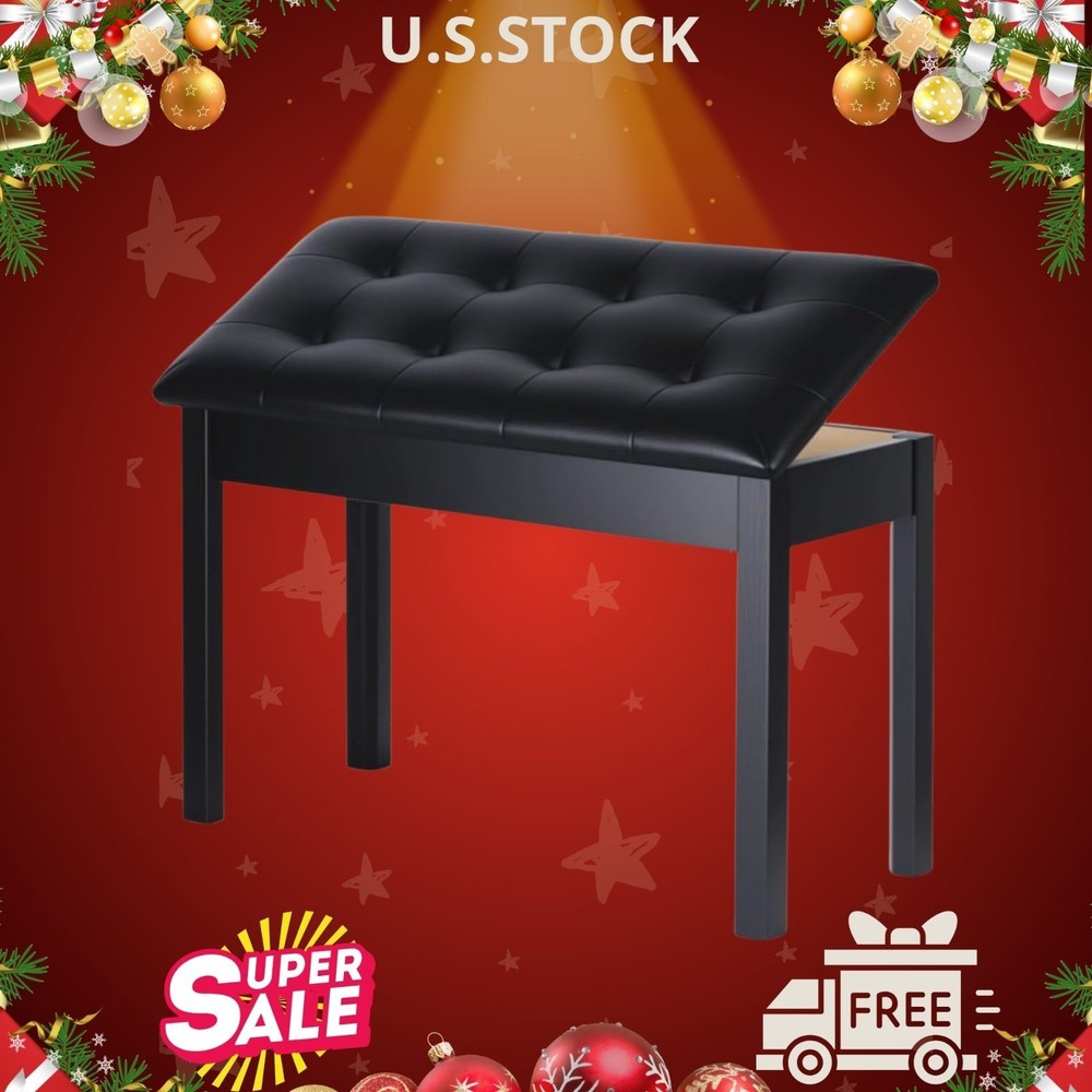 Solid Wood Duet Piano Bench with Storage & Padded Cushion