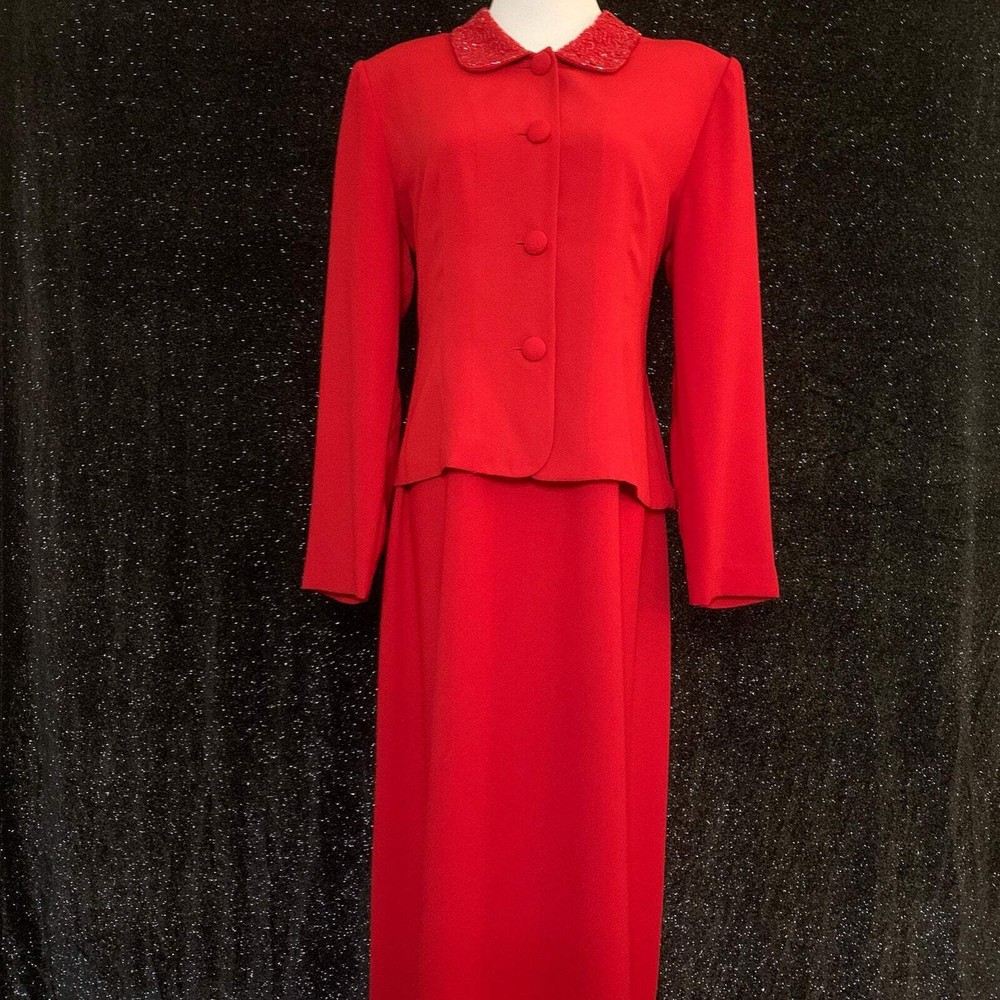 Red Blazer & Dress 2-Piece Set Beaded Collar
