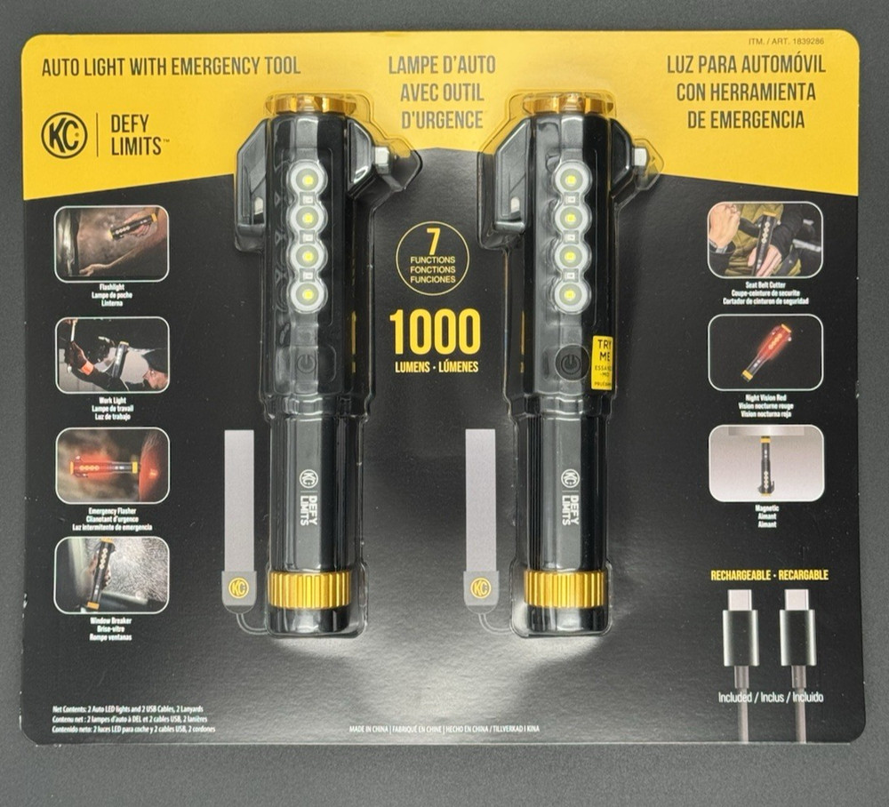 KC Auto Light with Emergency Tool, 2 Pack 1000 Lumen Rechargeable Flashlight Set