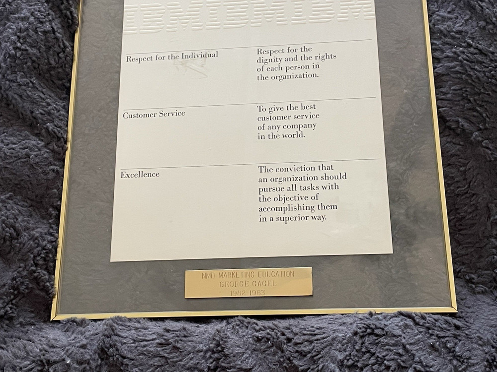 Vintage IBM Computer Framed Basic Beliefs Embossed Values Sign Document