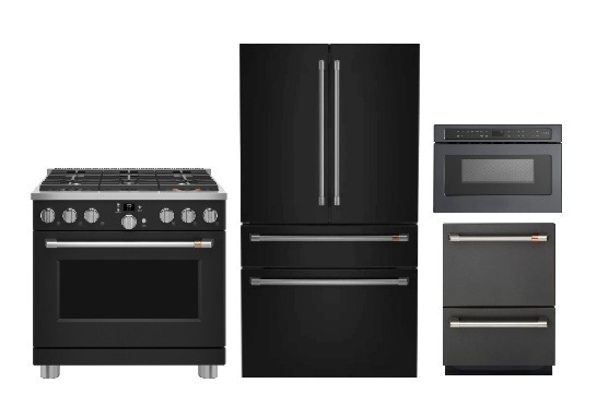 Cafe Matte Black 4 Piece Kitchen with 36" Gas Range & Refrigerator