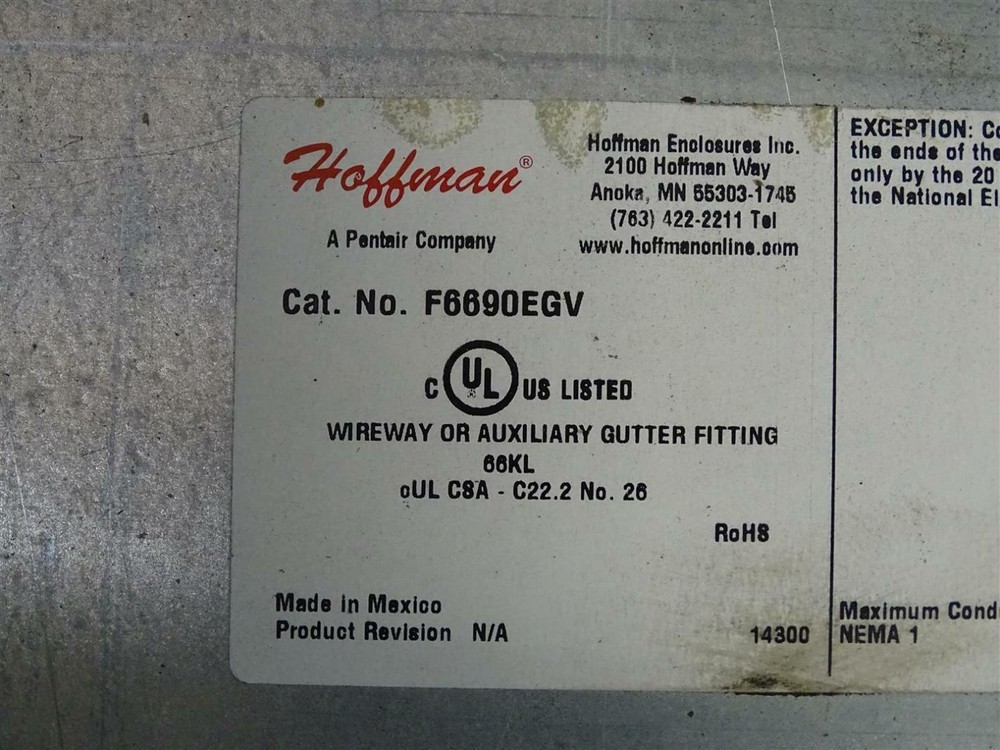 Hoffman Wireway or Auxiliary Gutter Fitting , F6690EGV