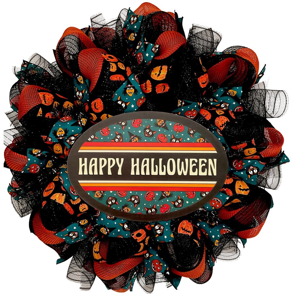 Happy Halloween Old Fashioned Handmade Deco Mesh Wreath