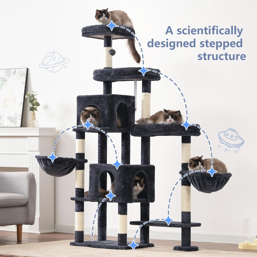 Cat Tree Tower, Scratching Posts with a Extended Part, Wide Platforms, Cozy C...