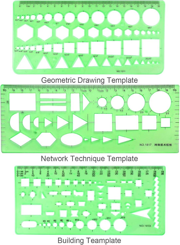 11PCS Geometric Drawings Templates, Drafting Stencils Measuring Tools,