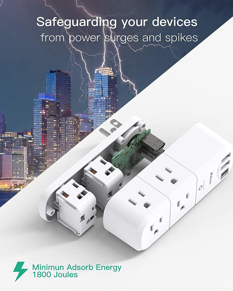 USB Outlet Extender Surge Protector - Mifaso Rotating Plug, 6 AC Multi Plug and