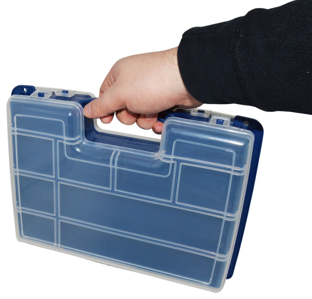 Portable Hobby Storage Box with Latching Lid & Handle, 2 Sided, 14 Compartments