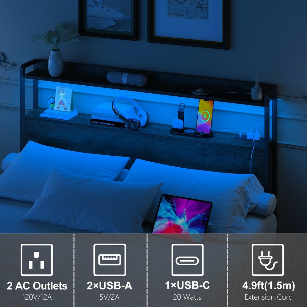 Adjustable Full Size Headboard with Outlets, USB Ports,Type-C,LED Lights, and...