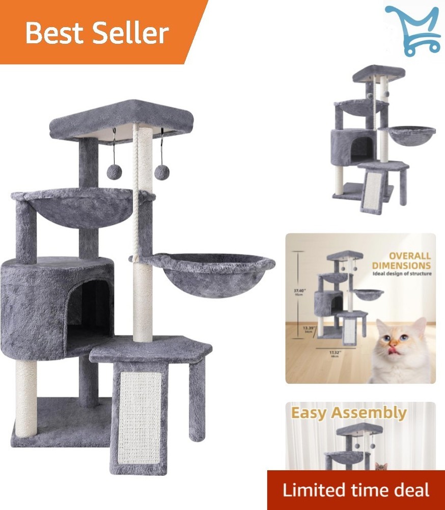 Three Layer Cat Tree Grey with Condo Hammocks and Scratching Posts