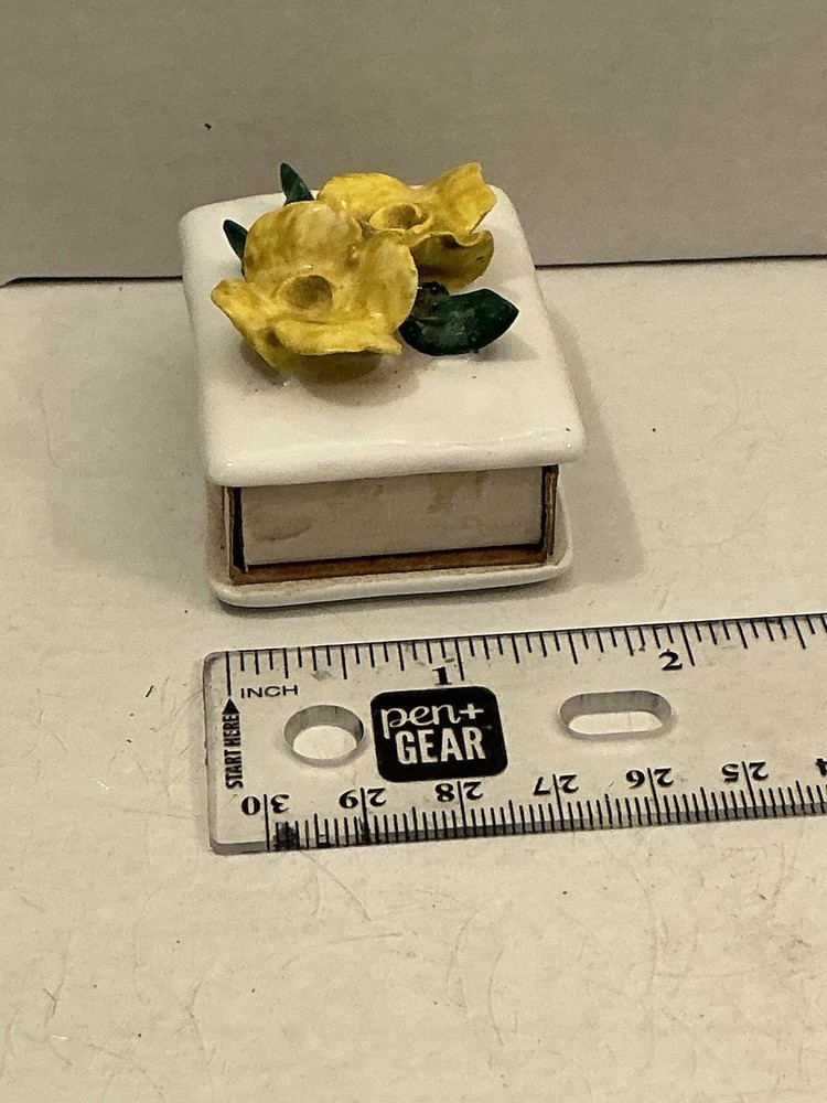 VINTAGE CERAMIC MATCHBOX WITH STRIKER Rose Pattern Brass