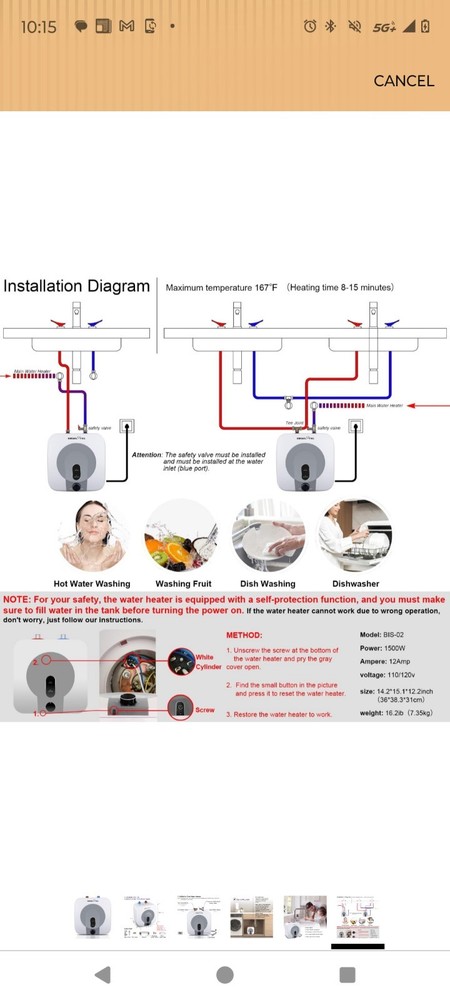 Biselong BI-2.5 Mini Electric Storage Tank Water Heater 2.5 Gal 110/120V