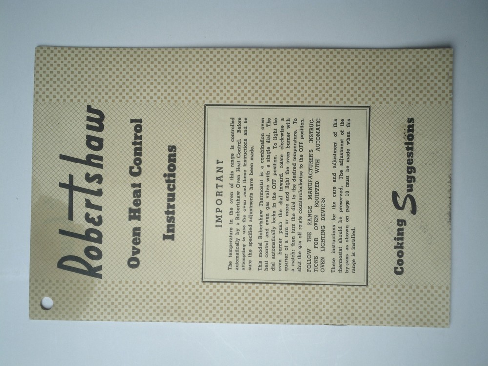 Robertshaw Oven Heat Control Instructions/Cooking Suggestions