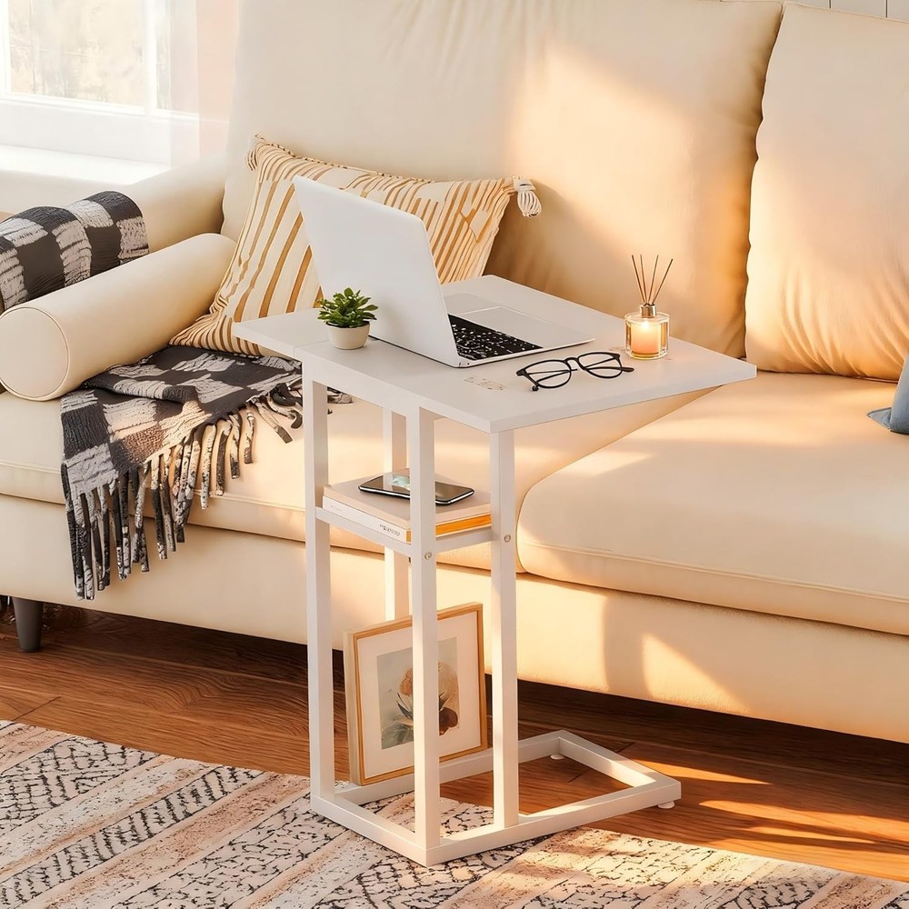 Small Snack Table Foldable End Table C Shaped Side Table W/ Storage Shelf