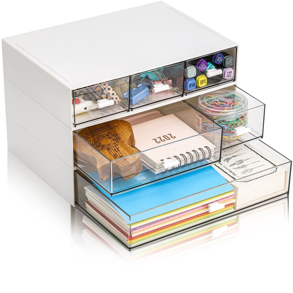 Lyellfe 3 Tier Small Desk Organizer with Drawer, Stackable Desktop Storage Bo...