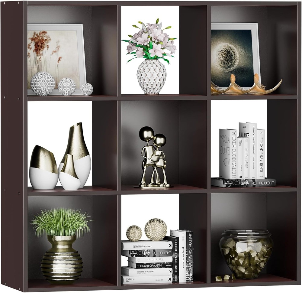 Great value 9-grid storage organizer, 3-layer open bookshelf, dark brown