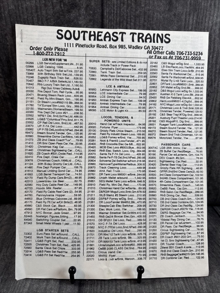 Vintage 1998 LGB Train Pricing Sheet