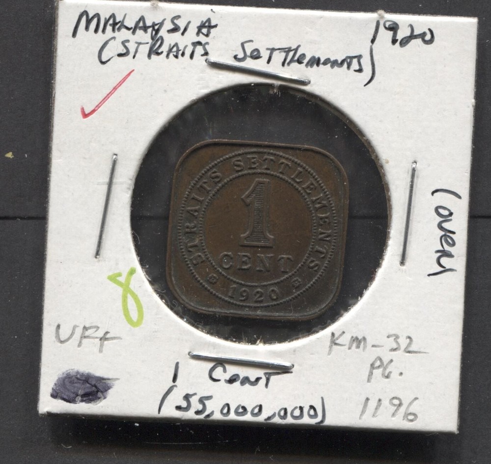 1920- Malaysia- VF+. 1 Cent