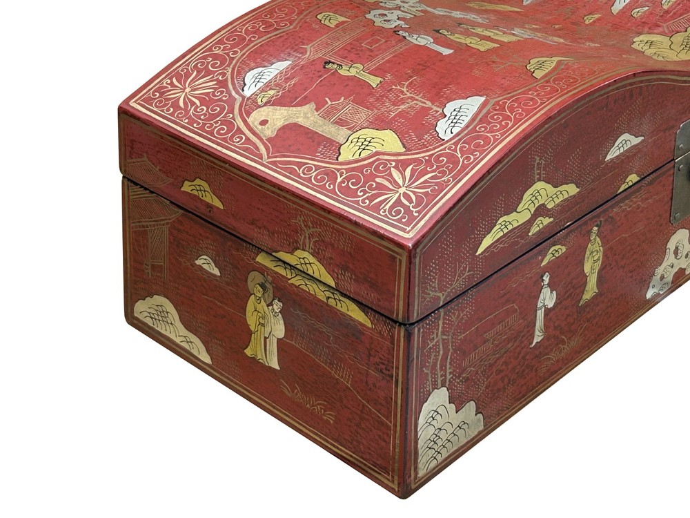 Red Lacquer Chinoiserie-style Gold Silver Scenery Graphic Rectangular Box GB230