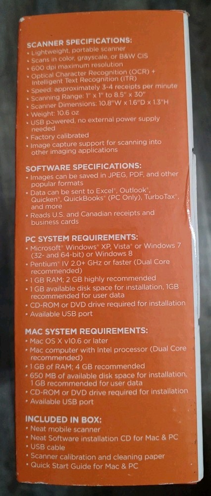 NeatReceipts Mobile Document Scanner Digital Filing System USB PC/Mac Missing CD