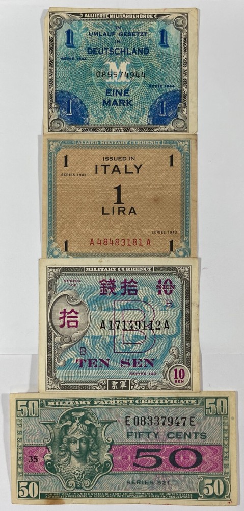 Military currency 8 different pcs. (#474) includes one US. Mixed quality.