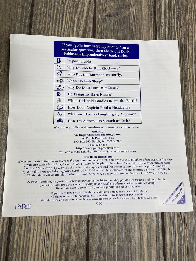 Patch Malarky Game Replacement Piece Part 1998 Instruction Manual