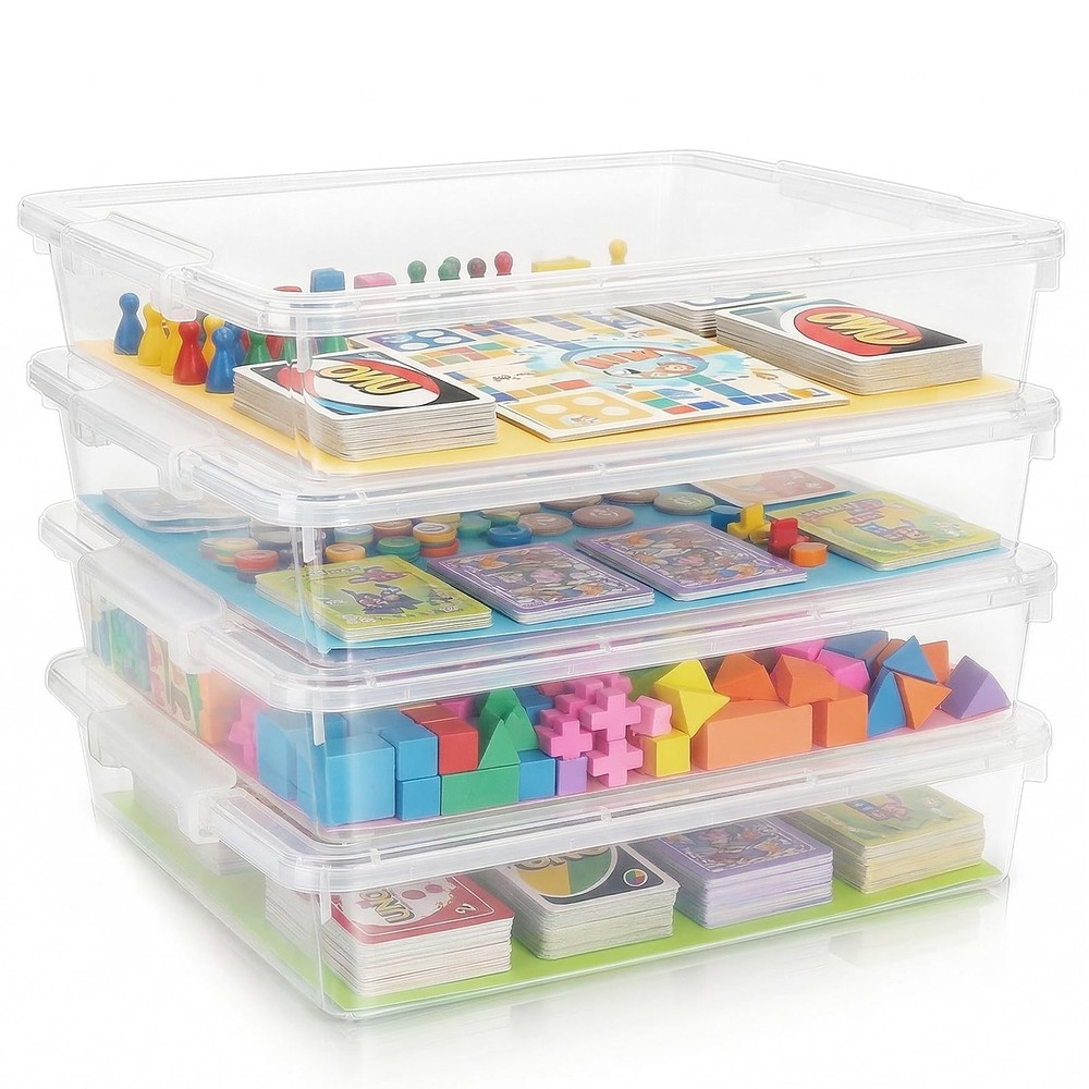 4 Pack Board Game Storage, Extra Large Craft Organizer Box with Latching Lid ...