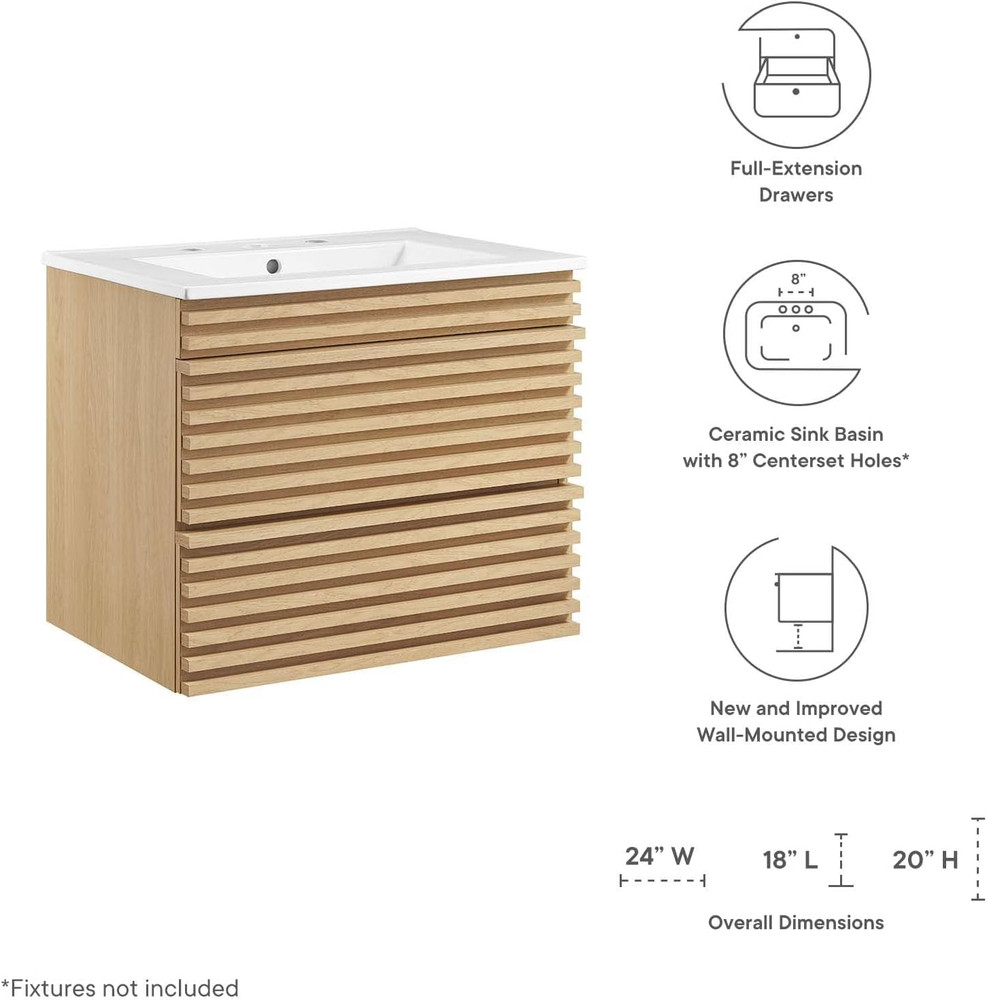 24" Oak White Wall-Mount Bathroom Vanity for Modern Spaces