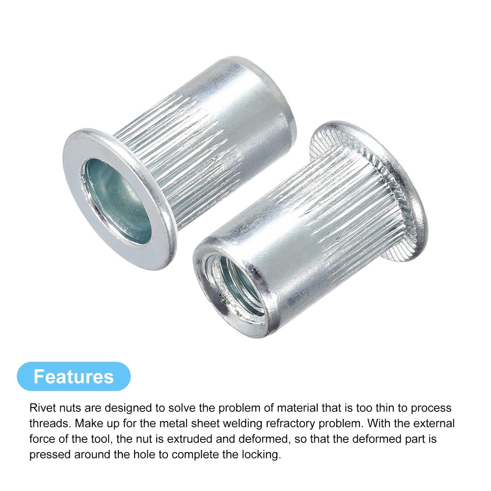 1/4-20 Rivet Nuts, 50pcs Carbon Steel Knurled Flat Head Threaded Insert Nuts