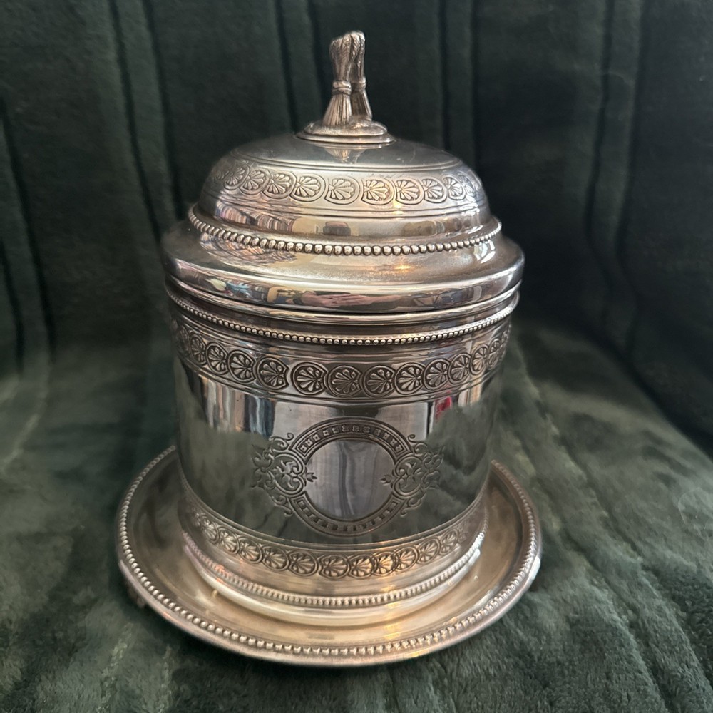 Victorian Style, Silverplate Biscuit Barrel, Footed, Hinged Lid - Source Perrier
