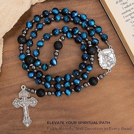 Saint Michael Blue Tiger's Eye Rosary Beads Necklace with Lava Mystery Beads