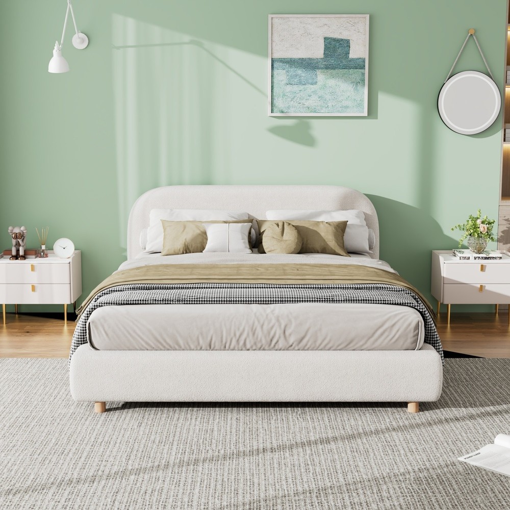 White Queen/King Size Upholstered Platform Bed with Headboard & Solid Wood Legs