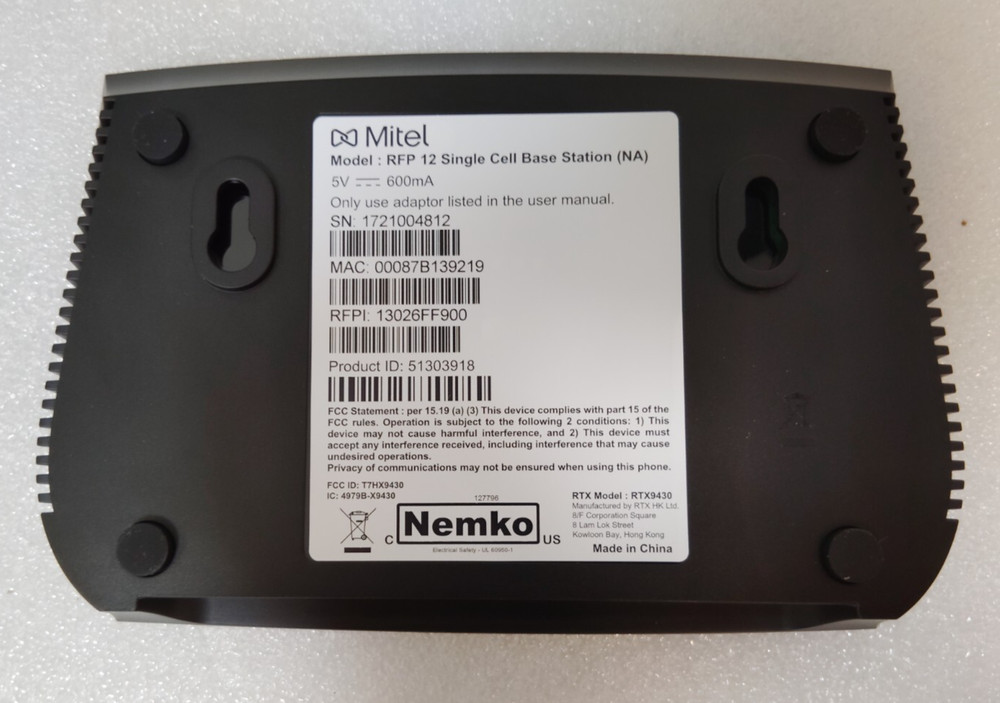 Mitel RFP 12 Single Cell Base Station 51303911