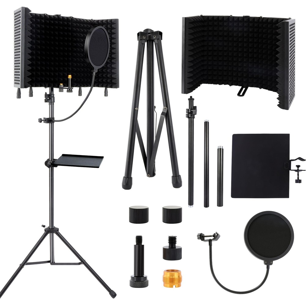 5-Sided Isolation Shield Microphone Stand, Studio-Grade Soundproof Booth with...