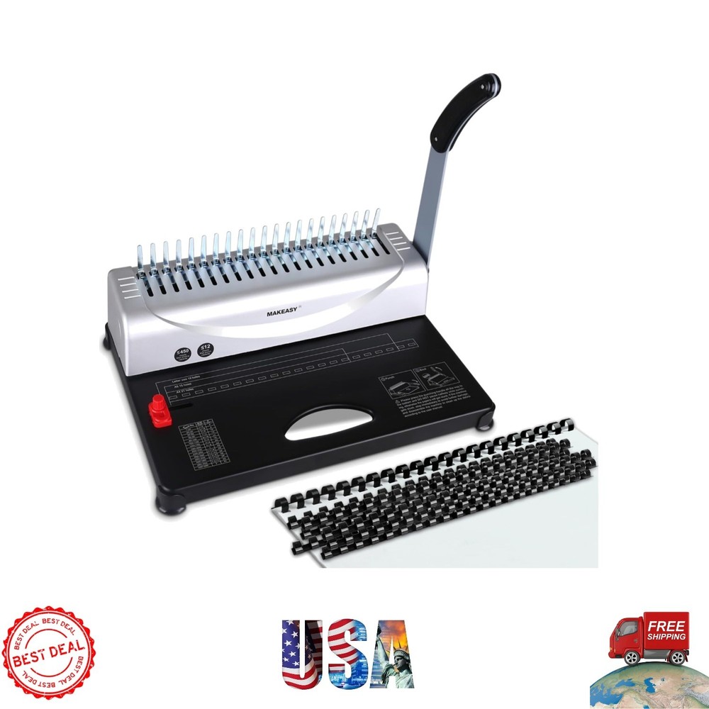 Versatile Comb Binding Machine w/ 450 Sheet Capacity & Adjustable Edge Guide