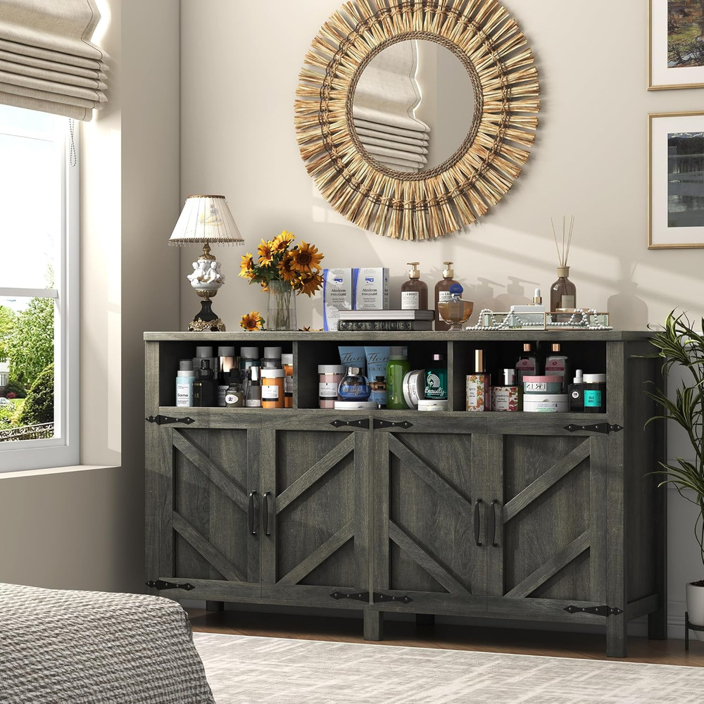 Buffet Sideboard with Storage Farmhouse with 4 Doors, 55'' Large Kitchen Storage