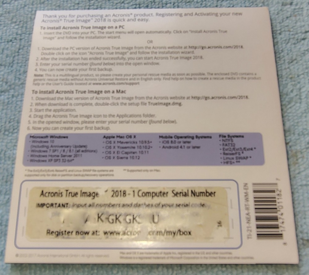 Acronis True Image 2018 For 1 Computer PC Backup Recovery Software w/ Disc, SN