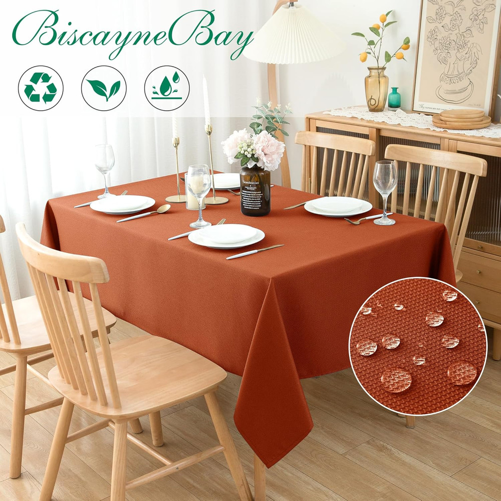 Biscaynebay Fall Tablecloth Textured Fabric 70X120 Inch Rectangular, Rust Thanks
