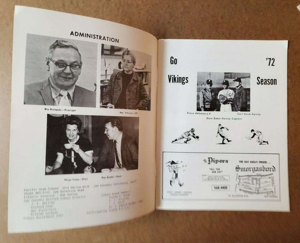 1972 Pacific High School - Viking Baseball Program - San Leandro California