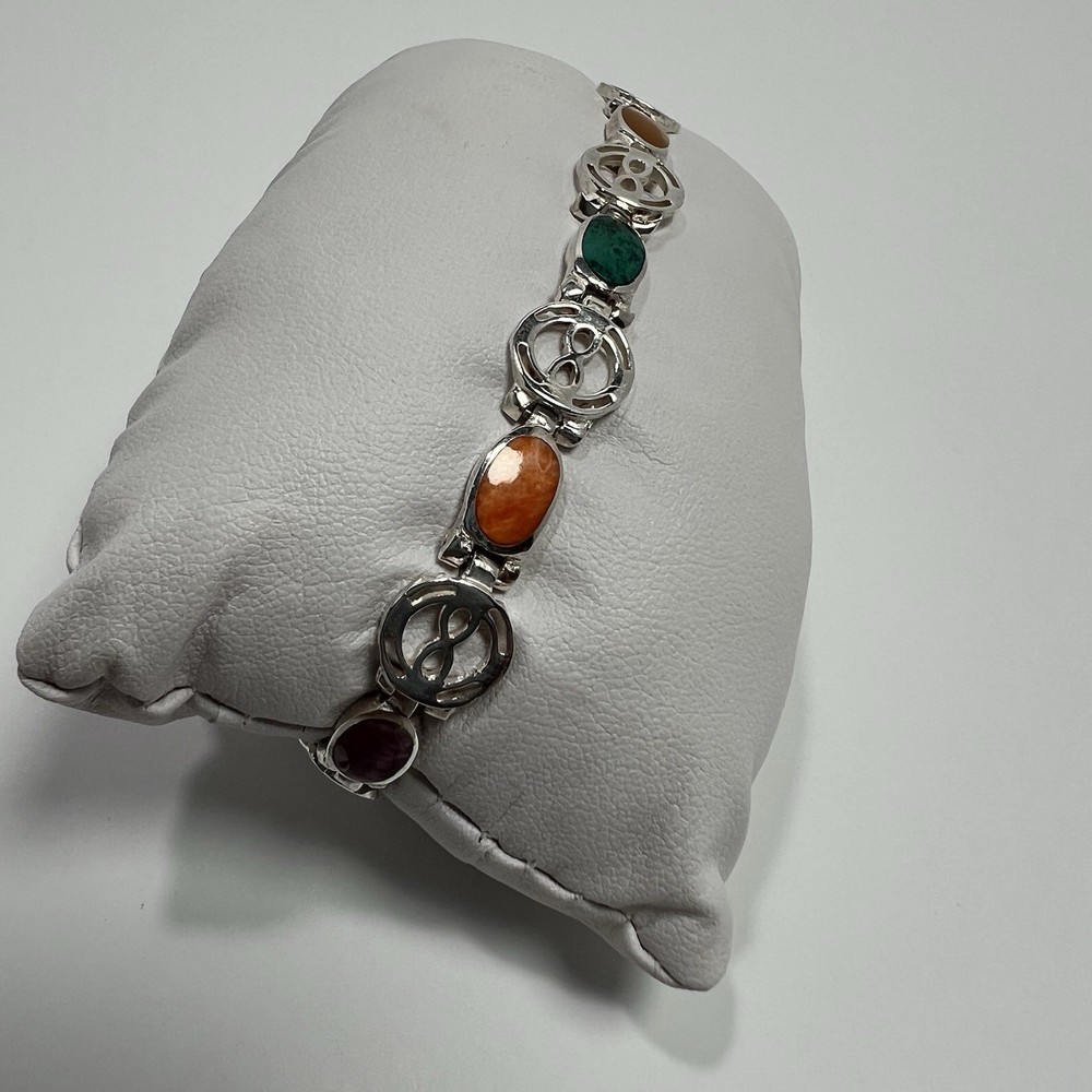Peruvian 925 Sterling Silver Multi Gemstone Link Bracelet