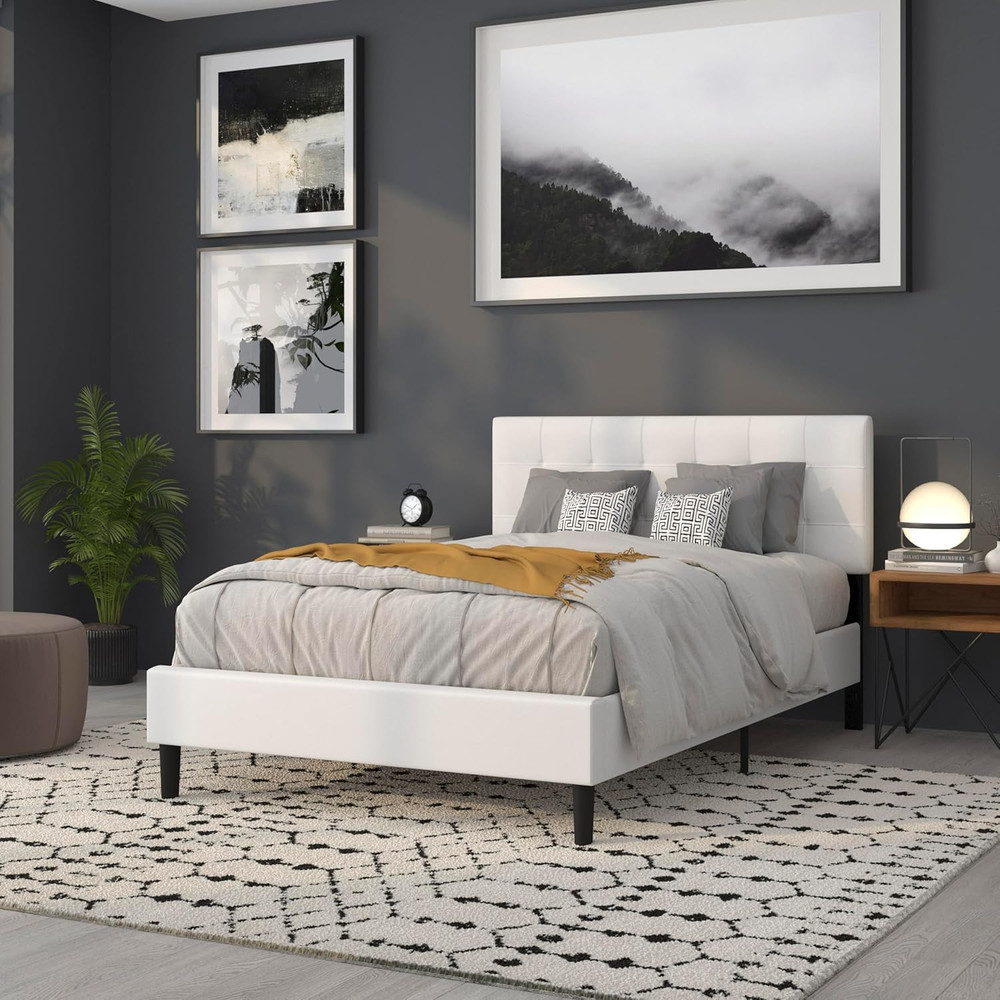 Elegant White Upholstered Full Size Headboard with Box Stitch Tufting
