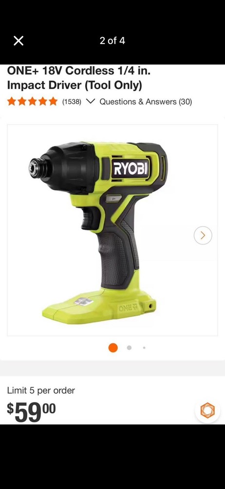 RYOBI ONE+ 18V Cordless 1/4 in. Impact Driver (Tool Only)