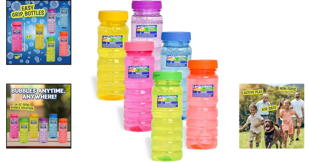 6-Pack 4oz Bubble Solution - Non-Toxic Fun with Easy Grip Bottles & 6-Hole Wands