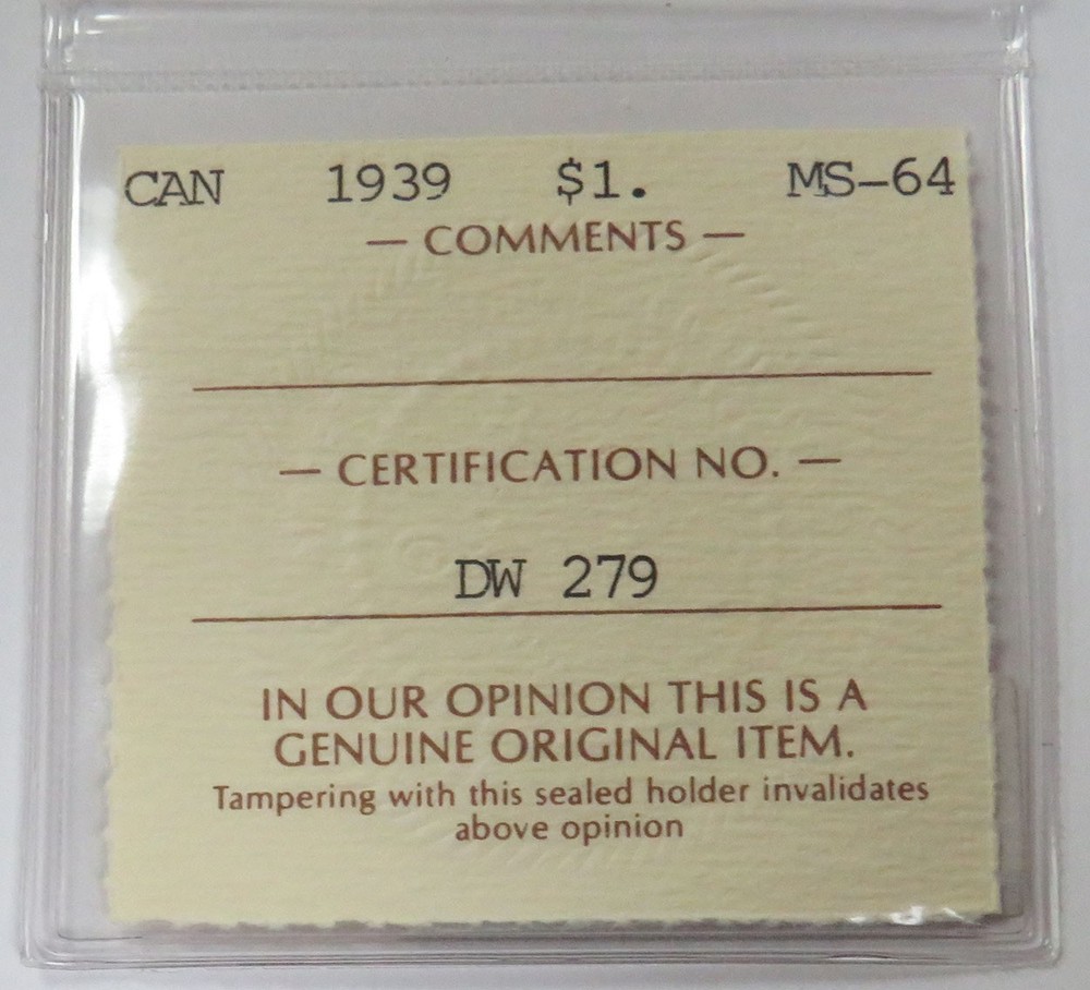 1939 CANADA SILVER $1 DOLLAR ICCS MS 64 COLOR