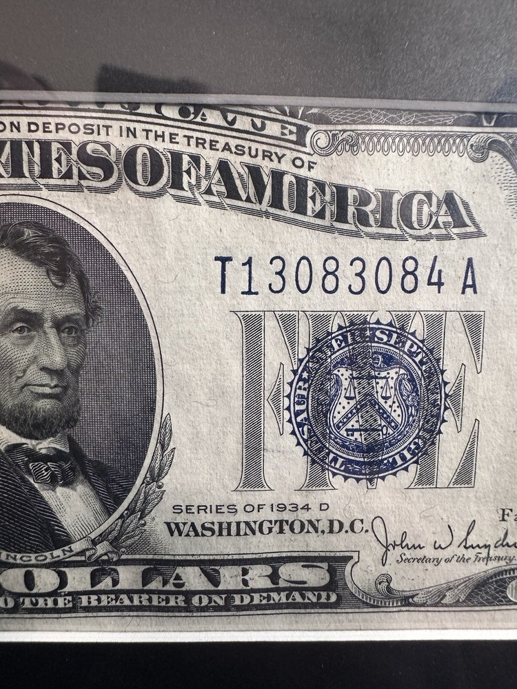 1934 Set $5 BLUE SEAL SILVER CERTIFICATE With Frame !