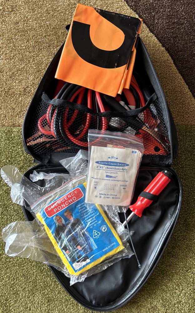 Used Weather Handler Caution Triangle Emergency First Aid and Jumper Cables Kit